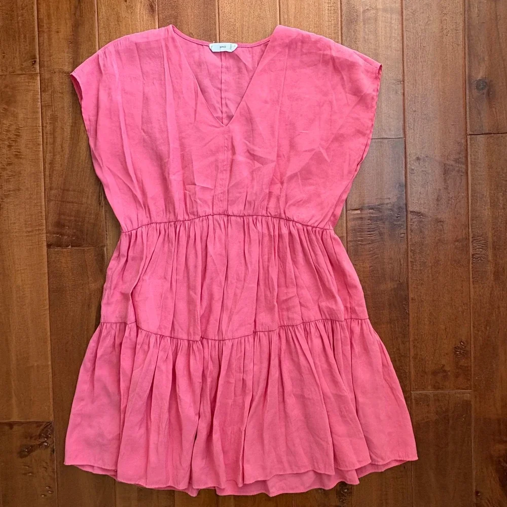 Mango Tiered V-Neck Mini Dress Womens Size 6‎ Pink